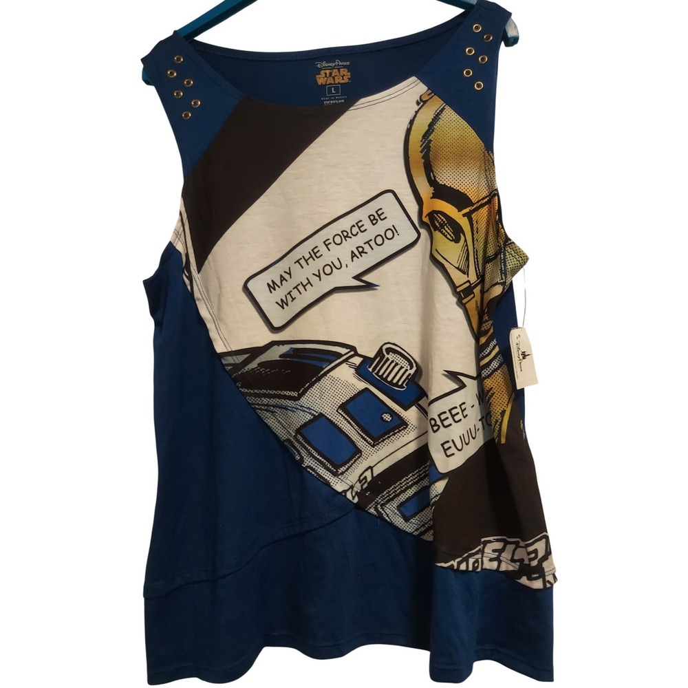 Disney Parks Star Wars C-3PO R2-D2 Comic Graphic Studded Tank Top Blue Large NWT